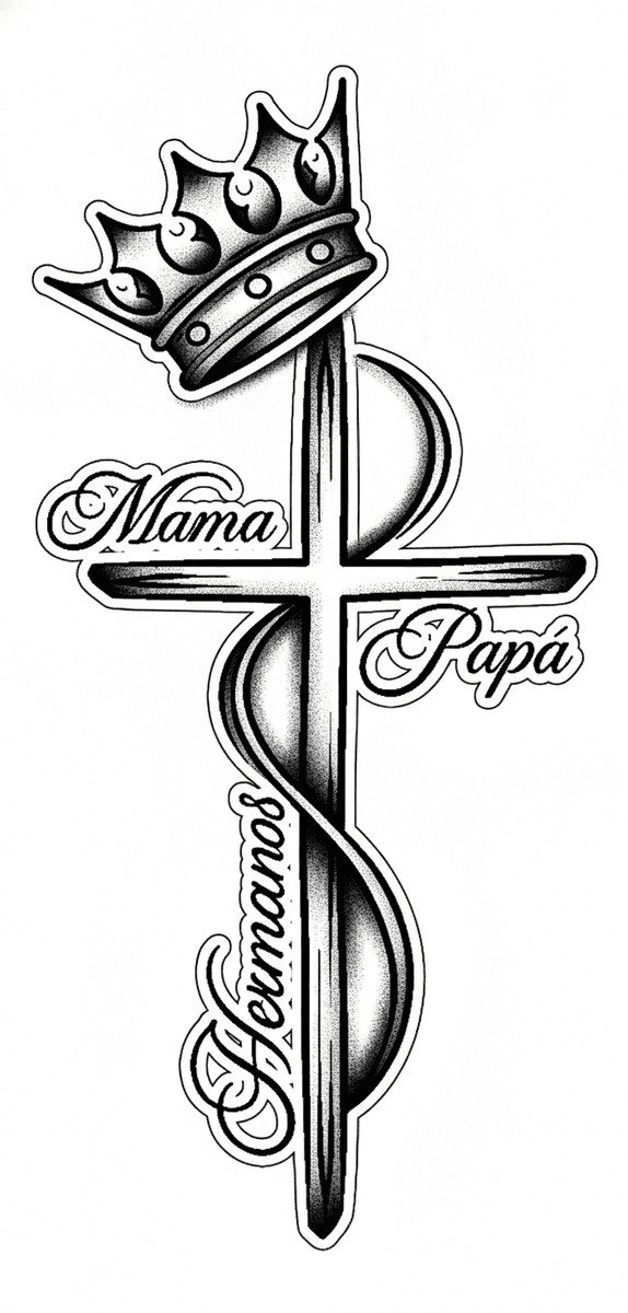 Tattoo design of a Latin cross crowned by an ornate crown, wrapped in a ribbon with Spanish family lettering.