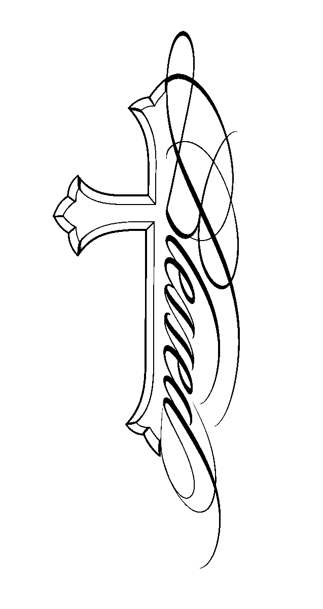 Tattoo design of a beveled Latin cross intertwined with cursive lettering spelling Blessed in black linework.