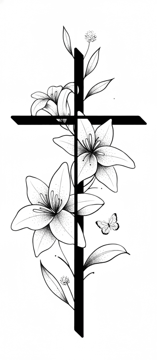 Tattoo design of a solid black Latin cross intertwined with blooming lily flowers, stippling, and a small butterfly.