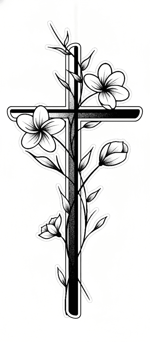 A tattoo design of a Latin cross intertwined with a blooming flower vine featuring delicate stipple shading.