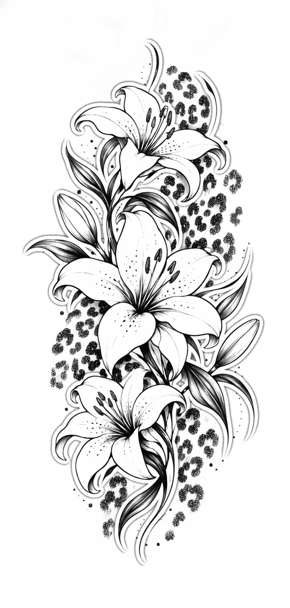 Tattoo design of blooming lilies and buds set against stippled leopard print spots with fine black shading.