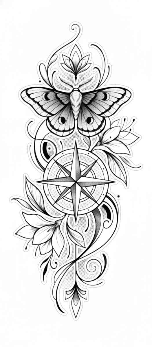 Tattoo design of a moth suspended above a compass rose with blooming lilies and dotwork shading.