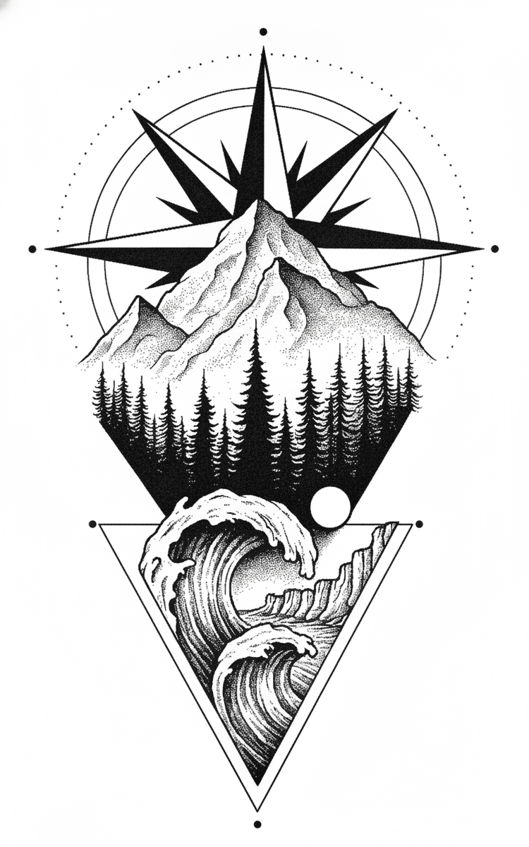 Tattoo design of mountain peaks and a compass star above a crashing wave in an inverted triangle.