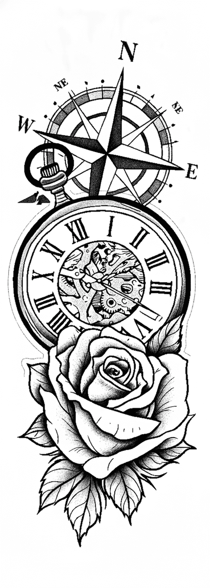Tattoo design of a nautical compass emerging from a mechanical pocket watch grounded by a blooming rose.