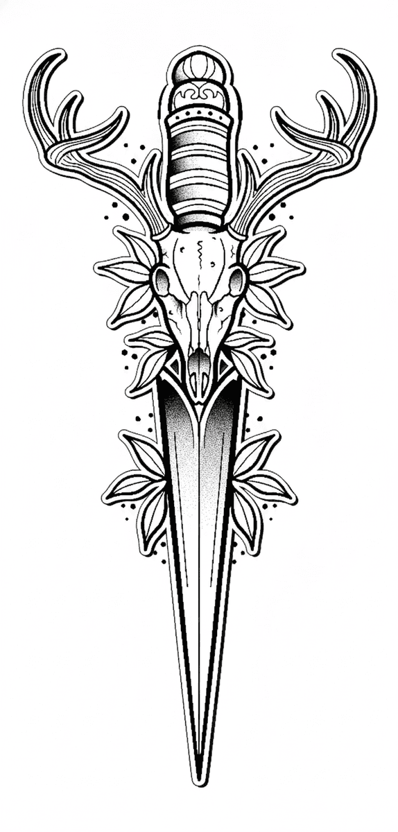 Neo-traditional blackwork dagger tattoo design centered with an antlered deer skull and botanical leaves.
