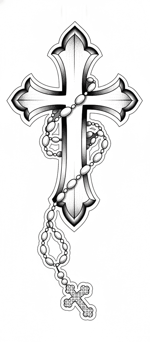 Tattoo design of an ornate gothic cross wrapped in a beaded rosary with stippled black and grey shading.