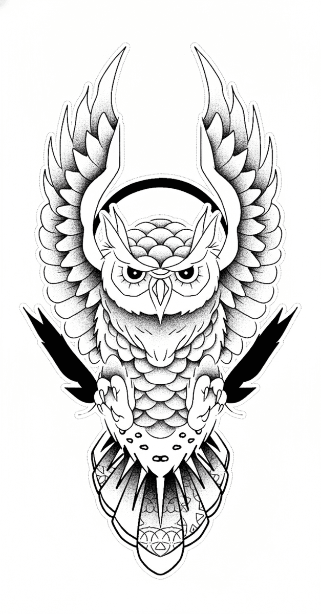 Tattoo design of an owl descending through a black ring with stippled dotwork shading and bold contours.