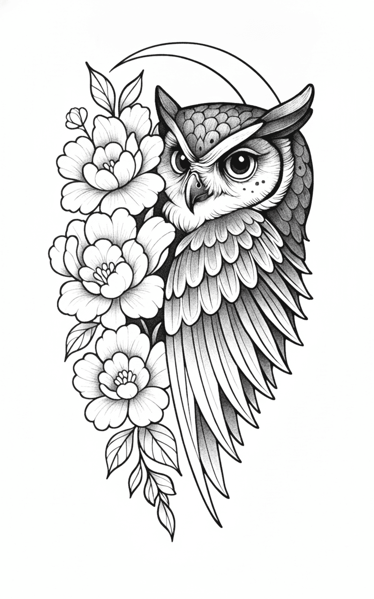 Tattoo design of an owl framed by blooming peonies and a crescent moon with detailed whip shading.