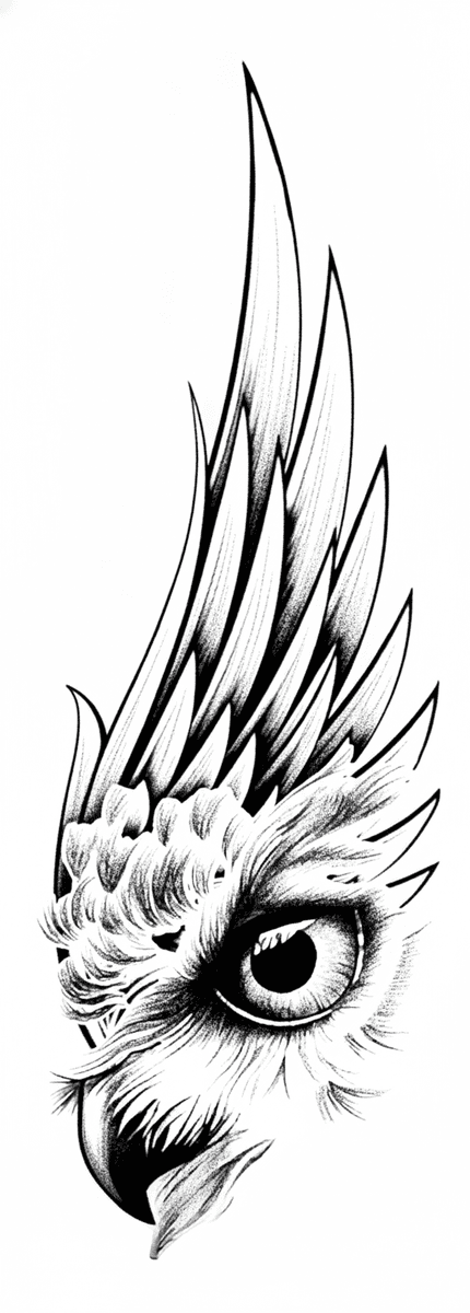 An illustrative tattoo design of an owl face and beak blending directly into an elongated upward-sweeping wing.
