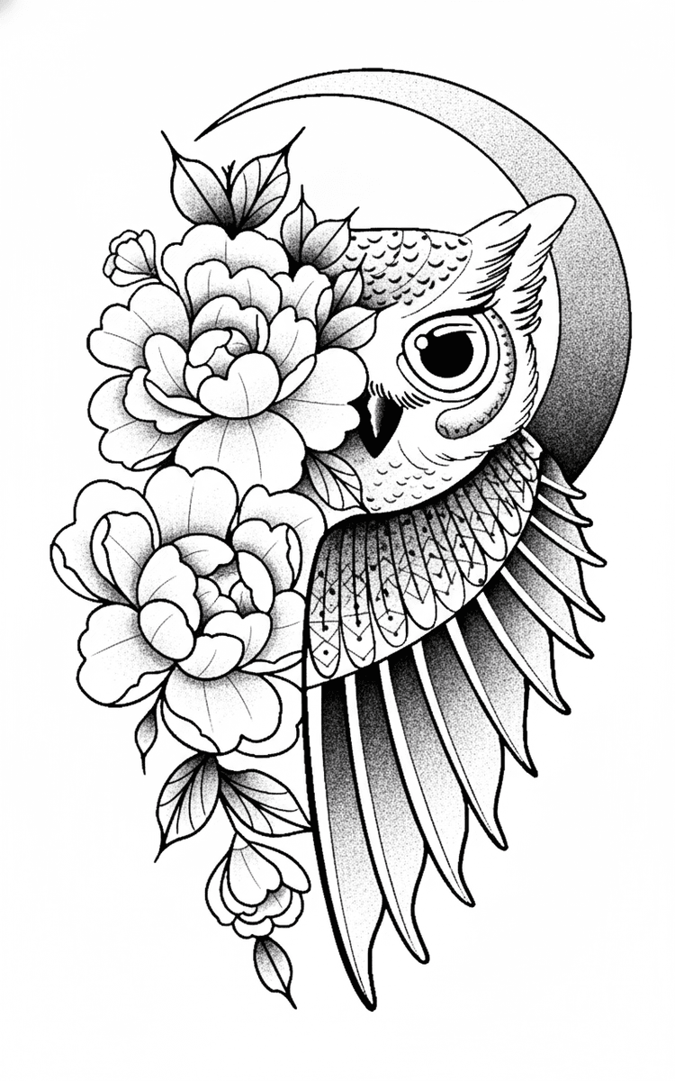 An illustrative tattoo design of an owl merged with blooming peonies against a stippled crescent moon.