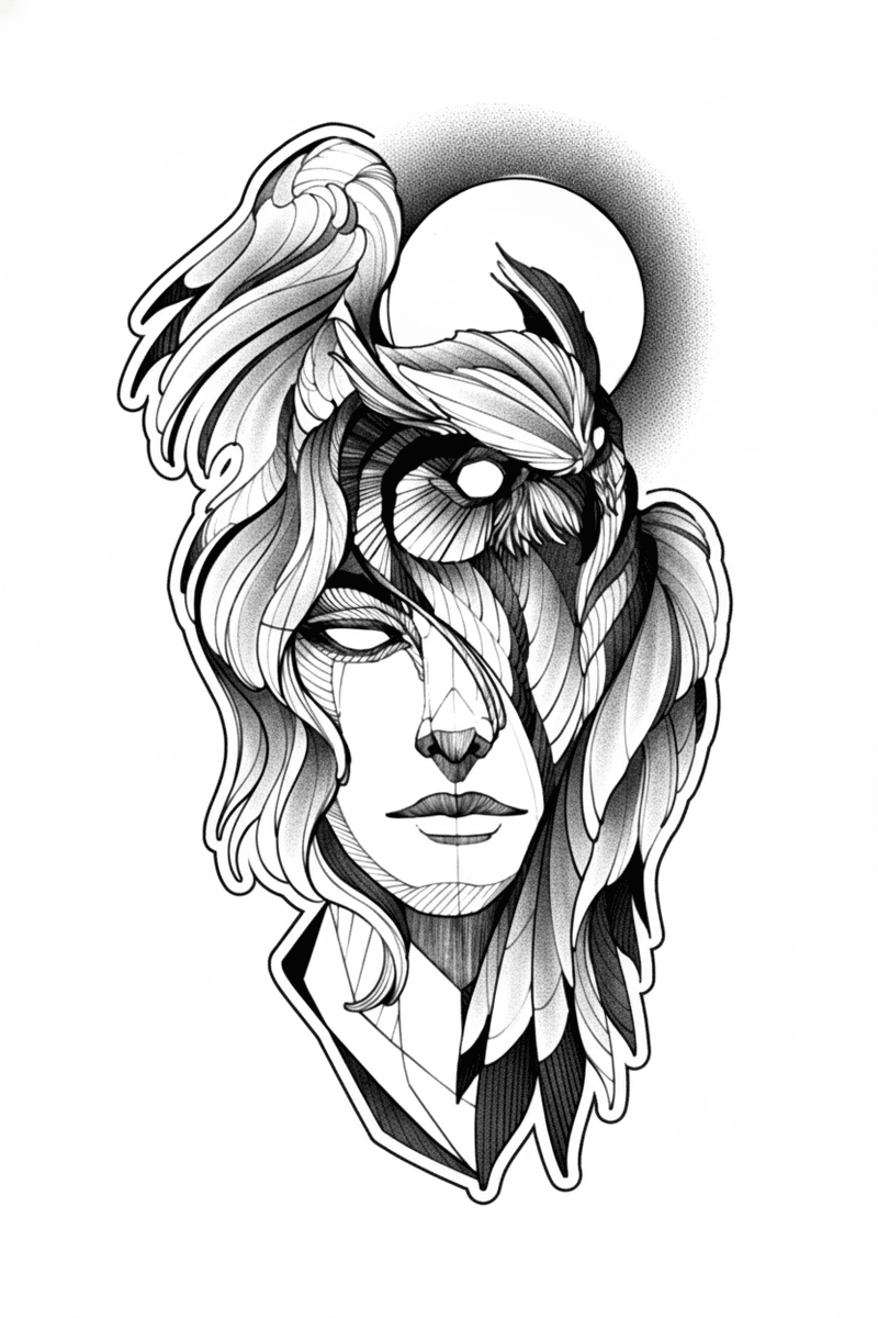 Tattoo design of an owl intertwined with a human face set against a circular moon with stippled shading.