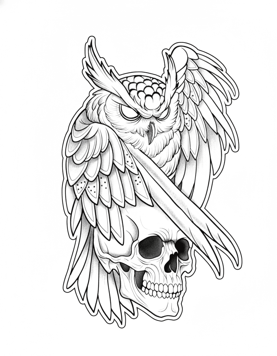 Tattoo design of an owl perched atop a human skull with bold linework and whip shading.