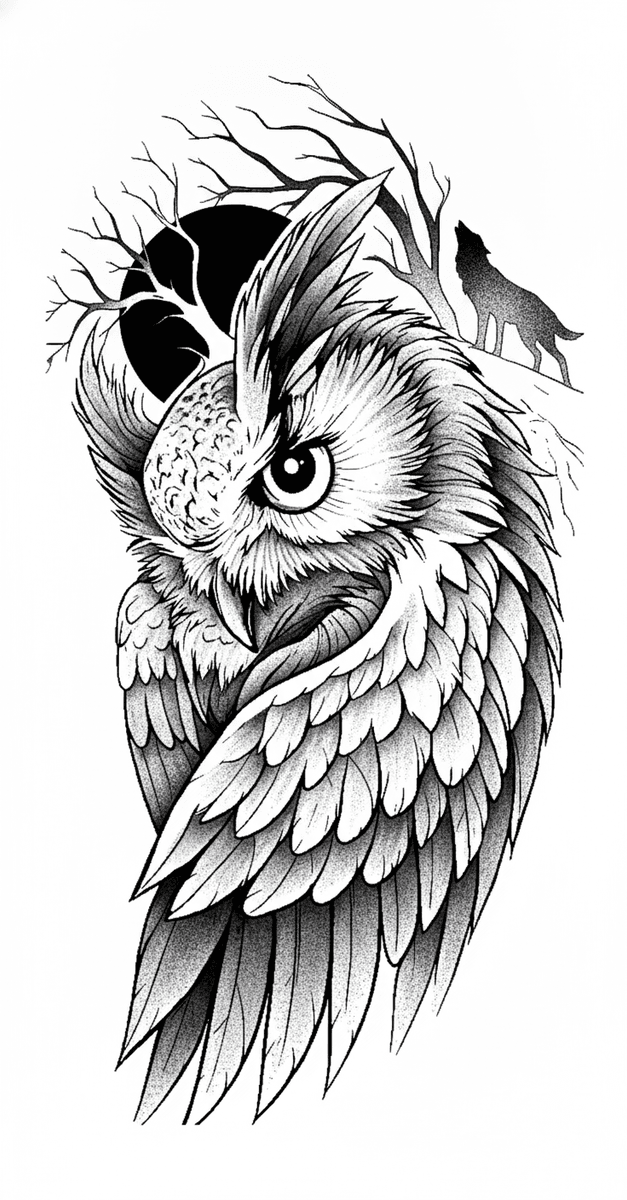 Tattoo design of an owl perched before a howling wolf silhouette and bare branches with stippling dotwork shading.
