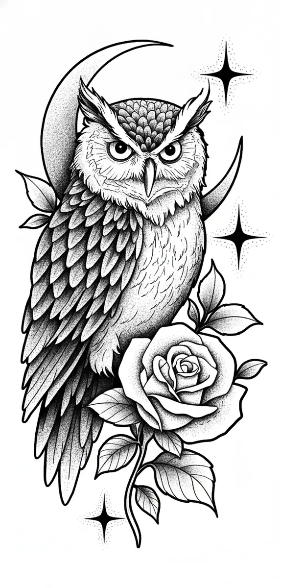 Tattoo design of a horned owl perched beside a blooming rose, backed by a crescent moon and stippled stars.