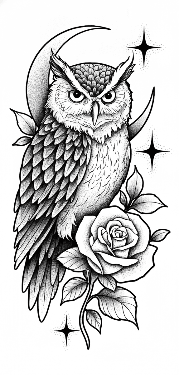 Tattoo design of a horned owl perched beside a blooming rose, backed by a crescent moon and stippled stars.
