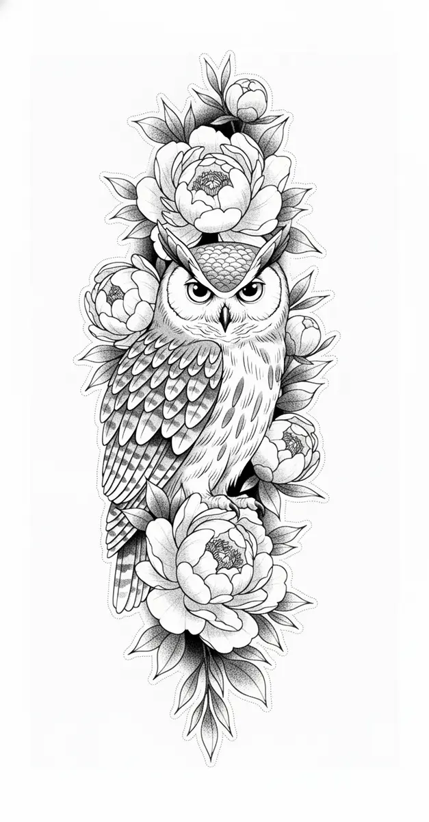 Tattoo design of an owl perched on blooming peonies with detailed black ink linework and stipple shading.