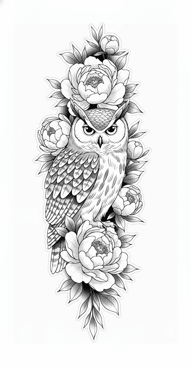 Tattoo design of an owl perched on blooming peonies with detailed black ink linework and stipple shading.