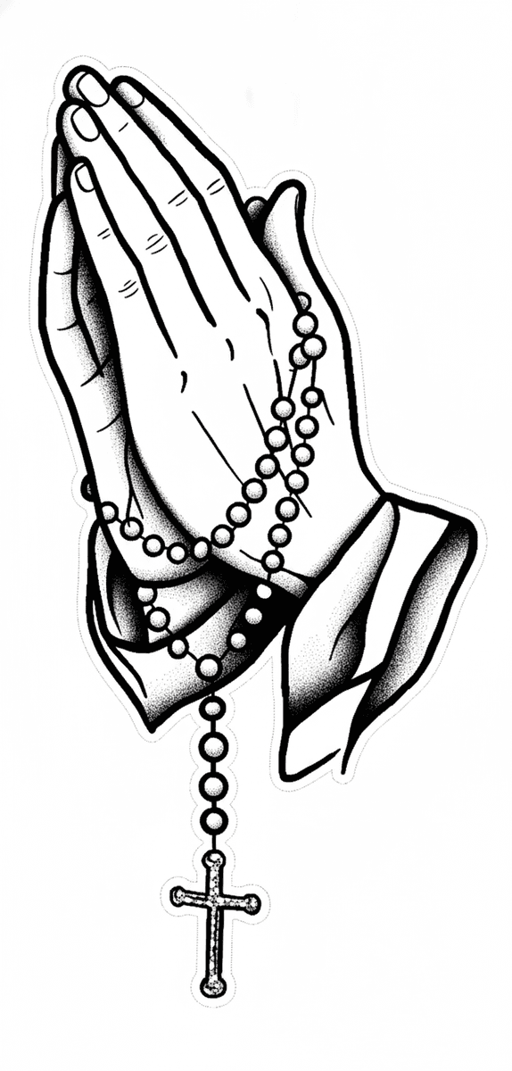 Tattoo design of praying hands wrapped in a beaded rosary and cross with bold outlines and stippled shading.