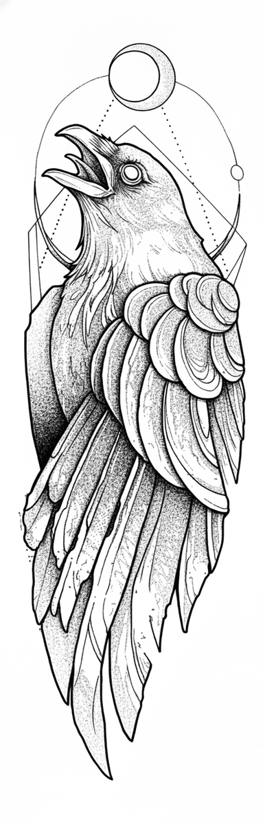 Tattoo design of a calling raven framed by a crescent moon and geometric lines with dotwork shading.