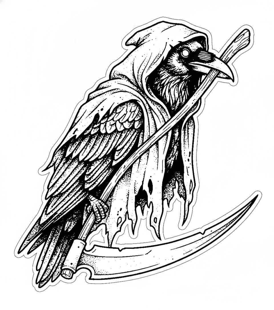 Tattoo design of a raven draped in a tattered hooded cloak holding a scythe with dotwork shading.