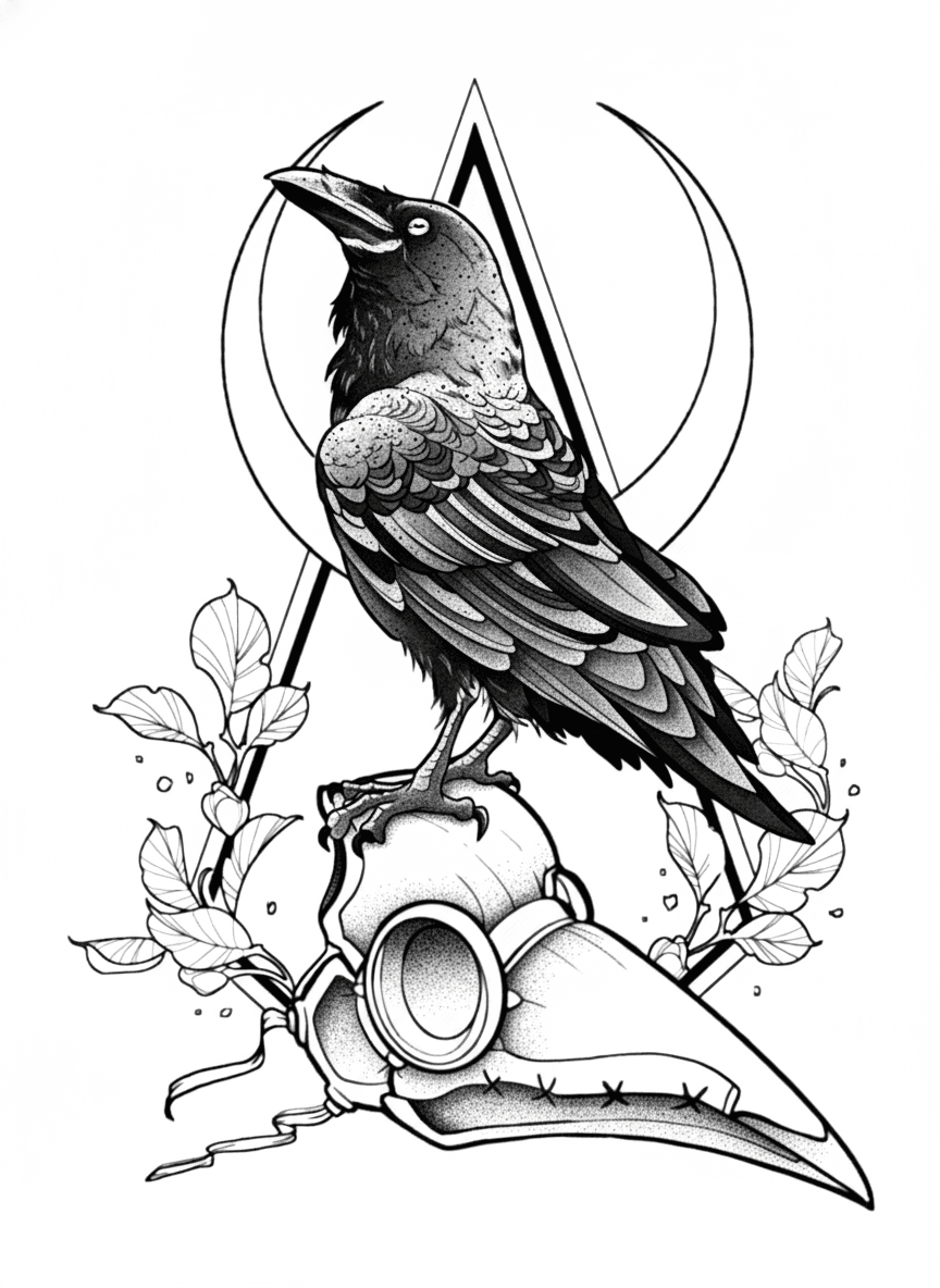 A tattoo design of a raven perched on a plague doctor mask with geometric shapes and stipple shading.