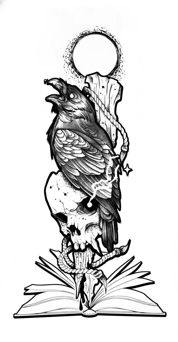 Tattoo design of a raven perched on a human skull and stake above an open book in illustrative blackwork.