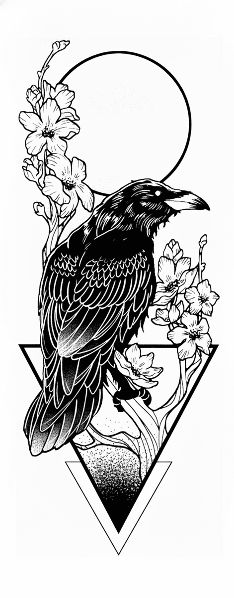 Tattoo design of a raven perched on a blooming cherry blossom branch against geometric circle and triangle frames.