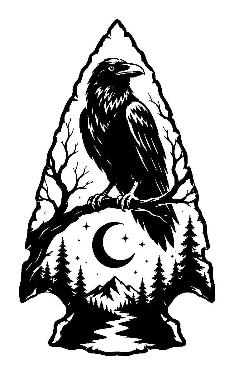 Tattoo design of a raven perched on a branch inside a stone arrowhead silhouette over a moonlit pine forest.
