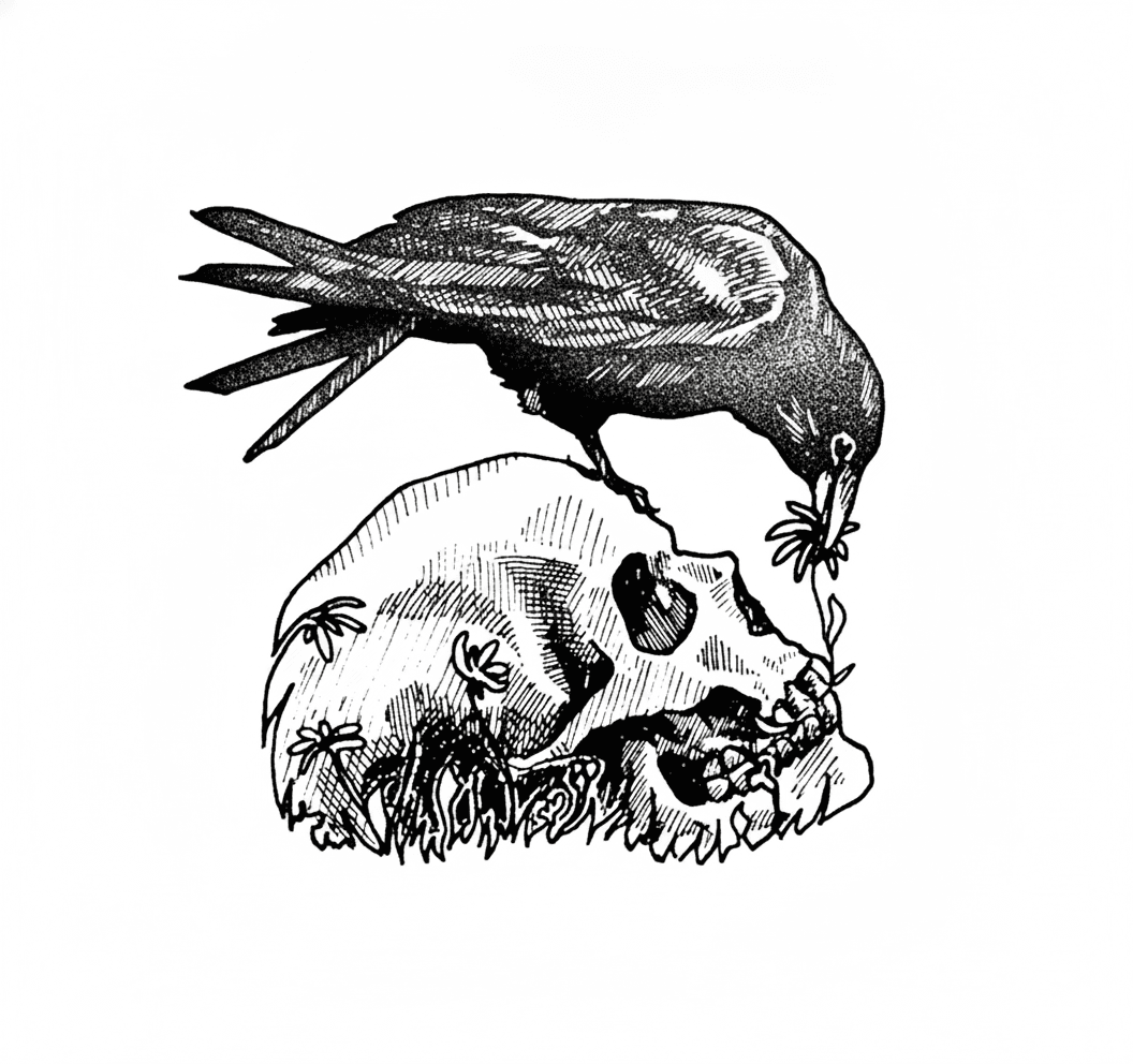 A tattoo design of a raven perched on an overgrown human skull with stippled and hatched shading.