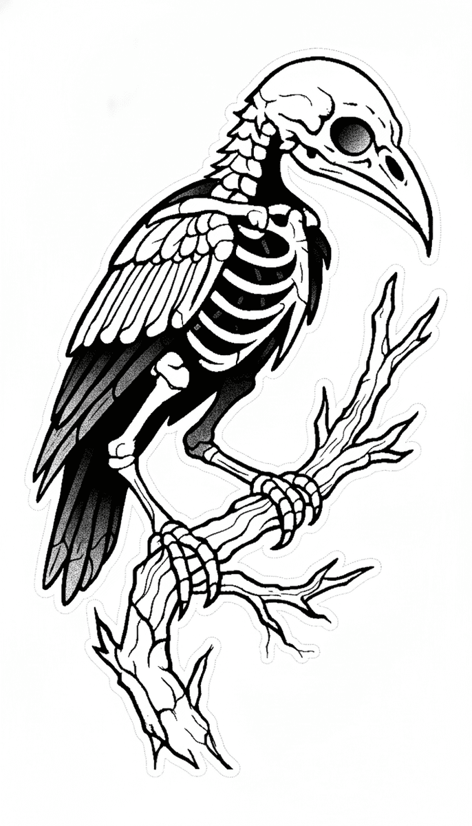Tattoo design of a skeletal raven perched on a bare branch with bold blackwork outlines and peppered shading.