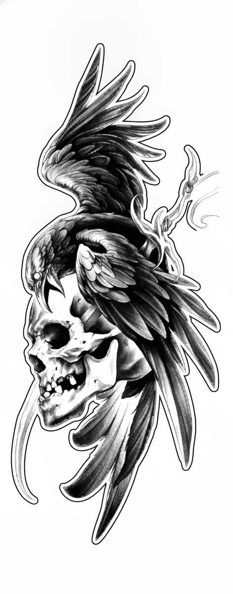 A tattoo design of a raven spreading its wings over a human skull rendered with black and grey shading.