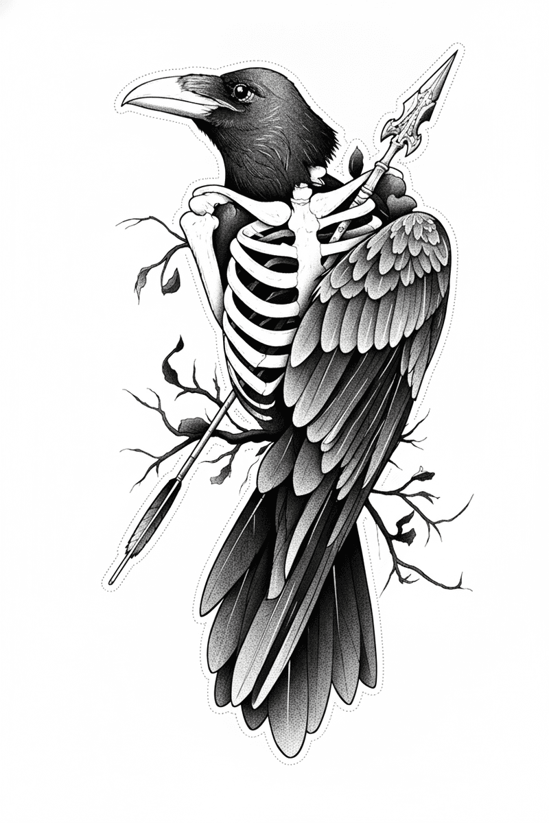 Tattoo design of a perched raven revealing a skeletal ribcage pierced by an ornate spear with dotwork shading.