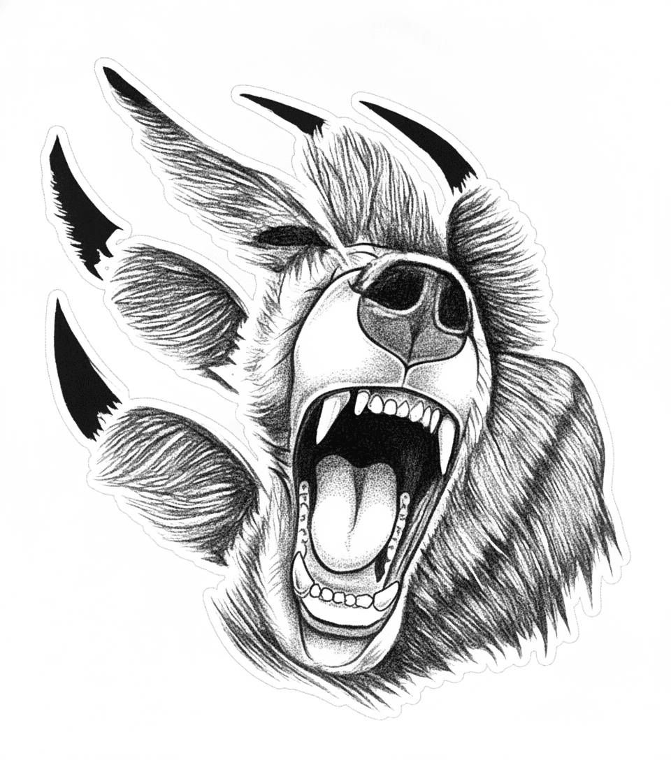 Tattoo design of a roaring bear emerging from a bear claw rip with detailed stippling and sharp claws.