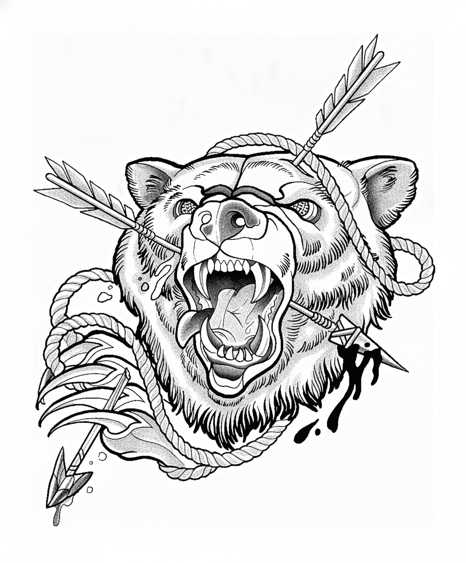 Tattoo design of a roaring bear head pierced by arrows and entangled in rope with stipple shading.