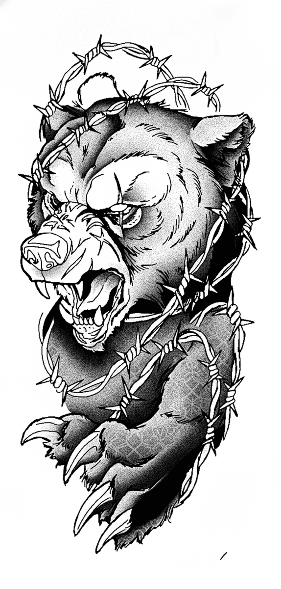 Tattoo design of a roaring bear entangled in barbed wire with bold lines and stipple shading.