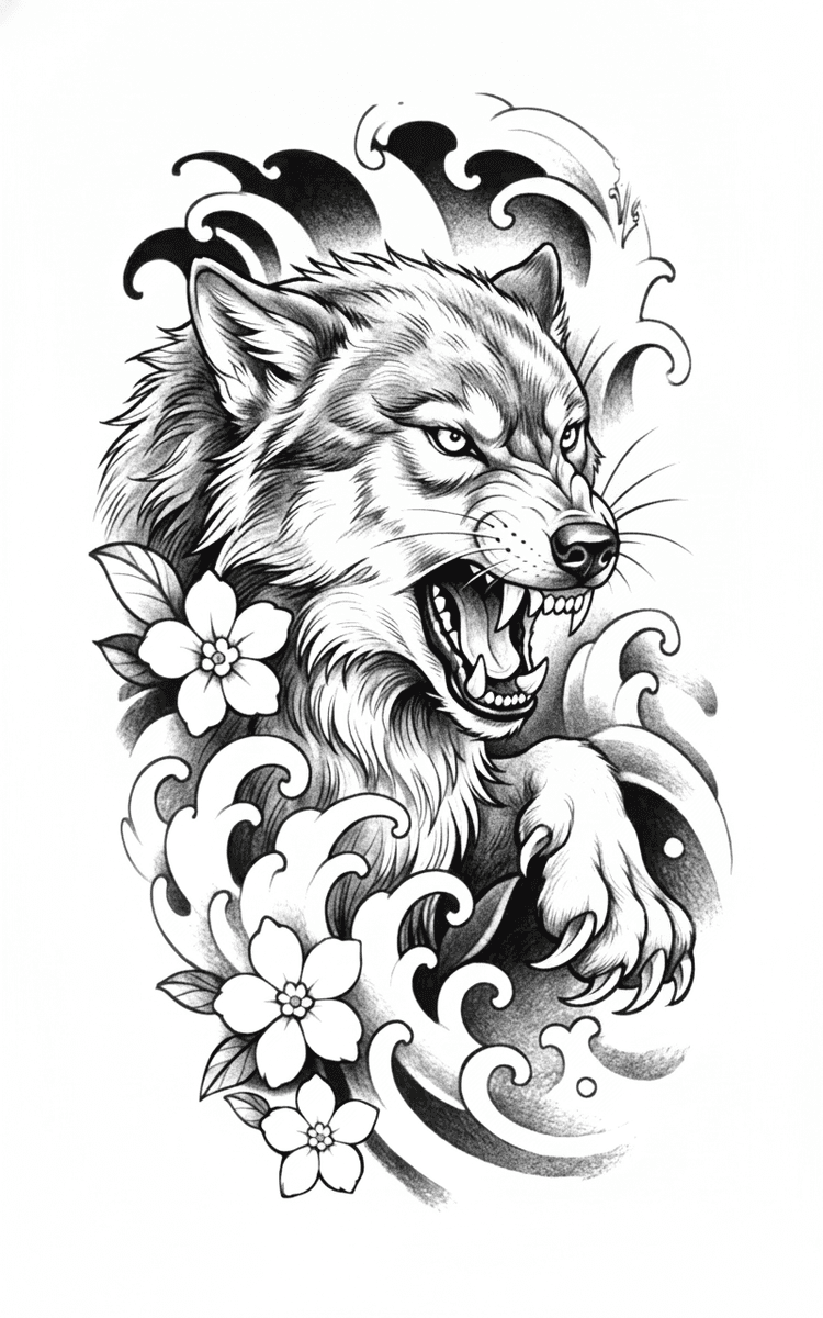 Tattoo design of a snarling wolf emerging from crashing waves framed by blooming cherry blossoms in detailed black ink.