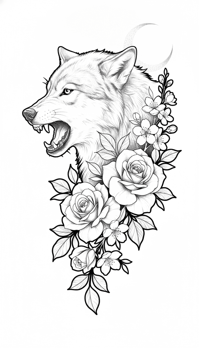 Tattoo design of a snarling wolf framed by blooming roses, cherry blossoms, and a stippled crescent moon.