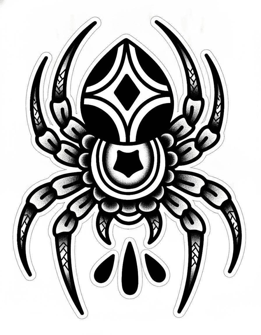 Traditional blackwork spider tattoo design featuring bold lines, geometric diamond abdomen, and venom droplets.