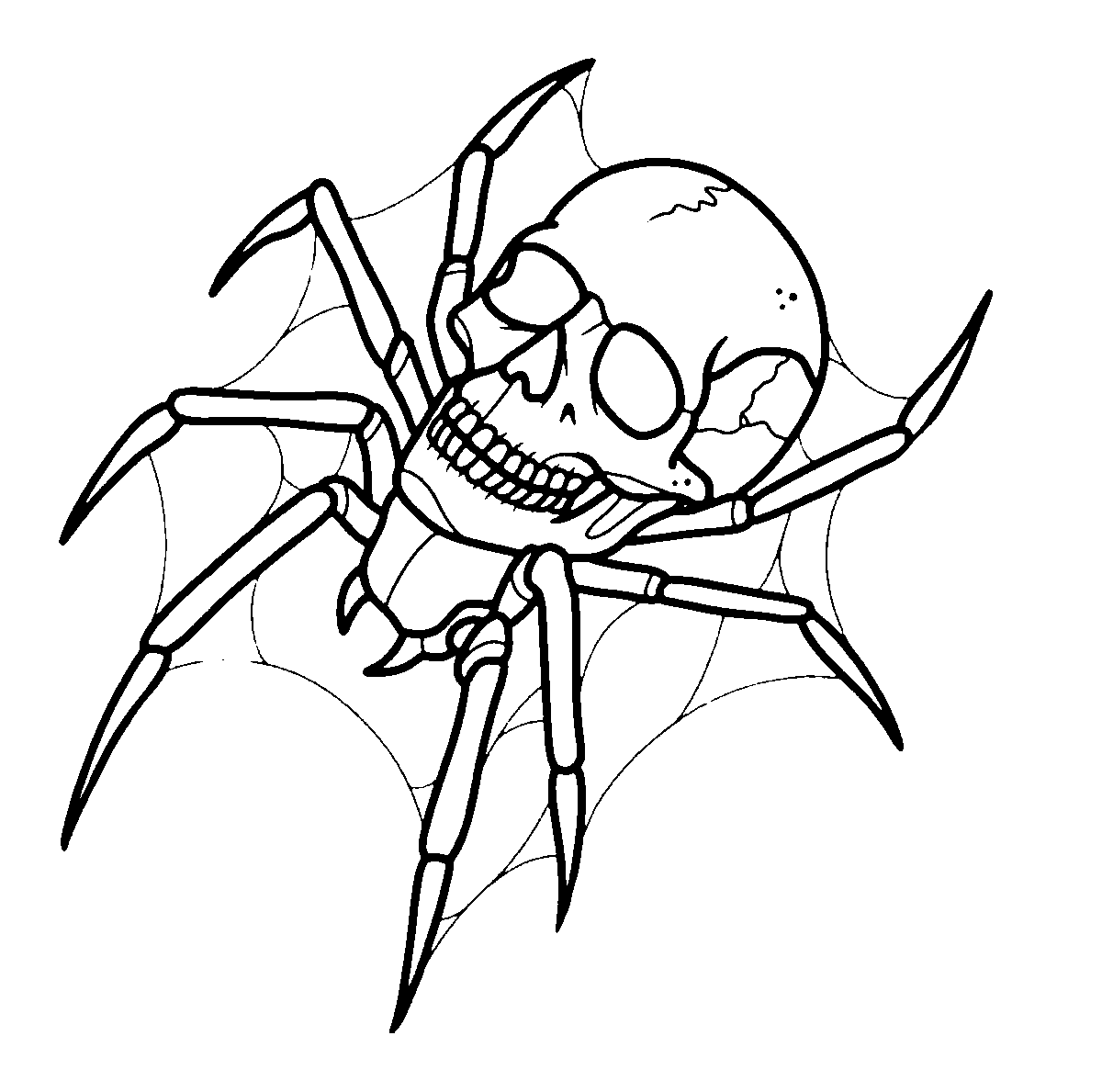 Traditional linework flash tattoo design of a haunting spider with a human skull body crawling on a cobweb backdrop.