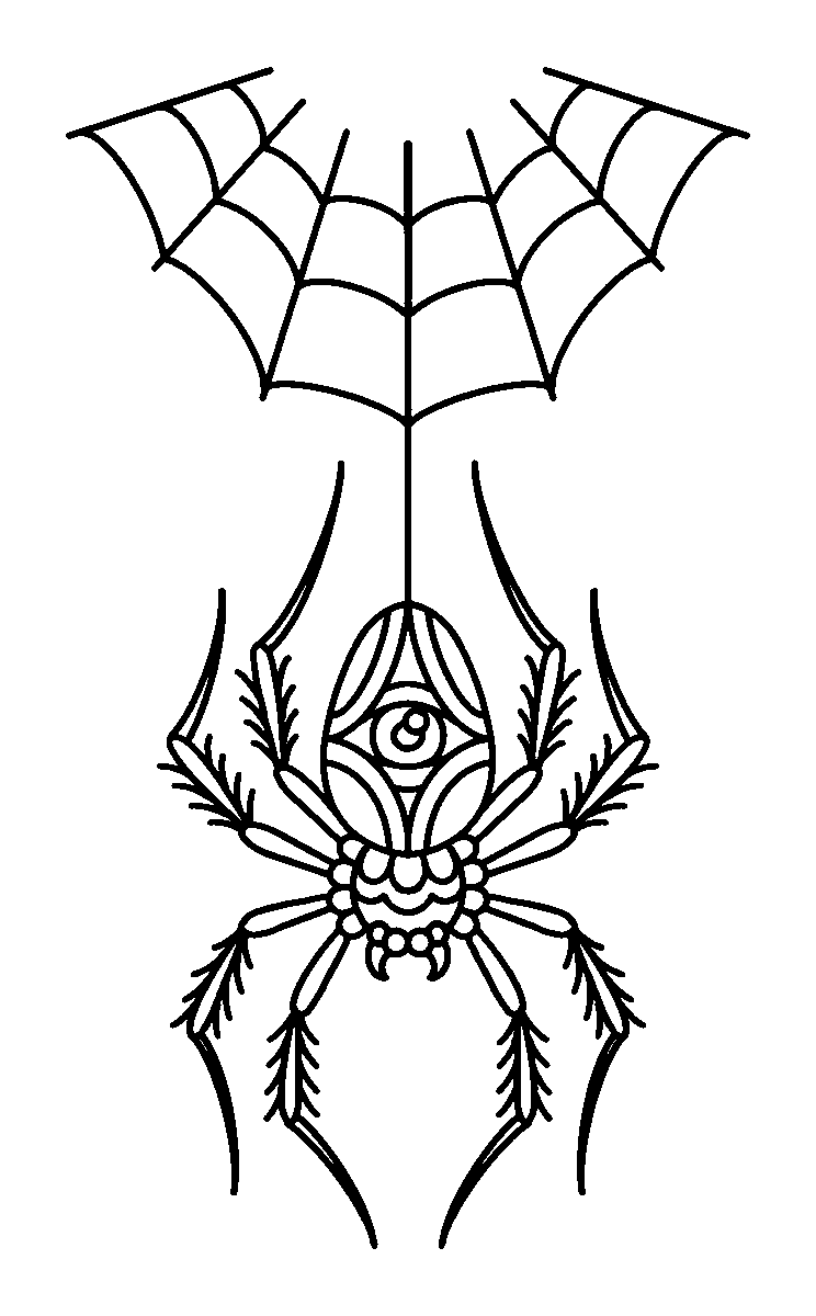 Traditional linework tattoo design of a spider with an eye on its abdomen hanging from a web