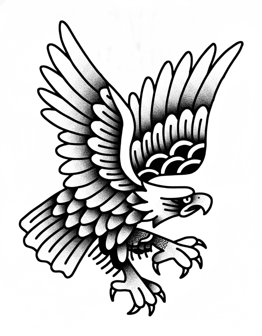 Traditional black and grey eagle swooping with outstretched wings and sharp talons.