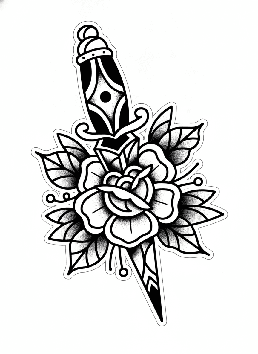 American traditional blackwork dagger piercing a blooming rose with stippled shading and bold outlines.