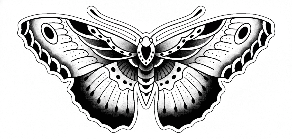 Traditional black and grey tattoo design of a symmetrical moth with bold linework and whip-shaded wings.