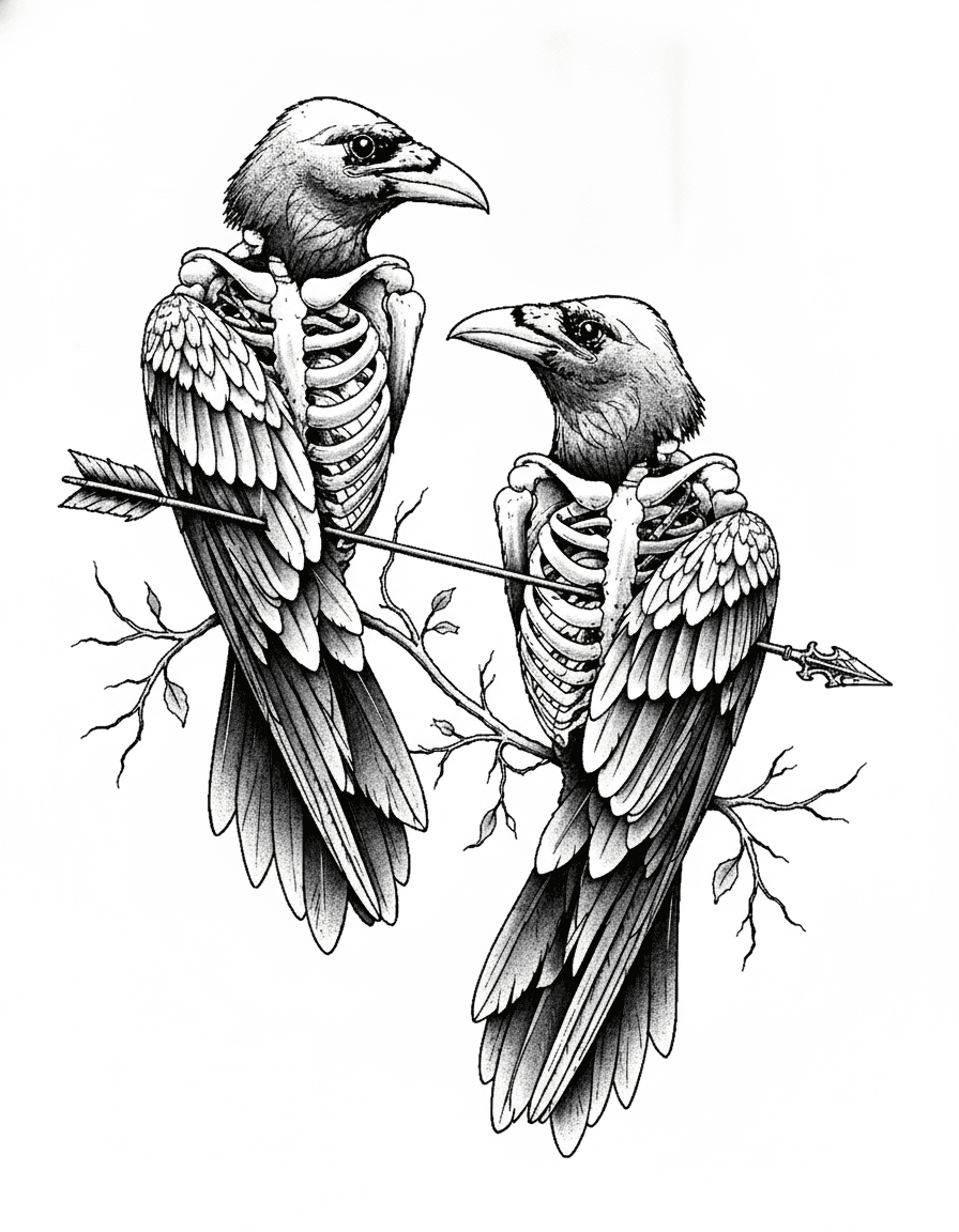 Tattoo design of two ravens with exposed skeletal ribcages pierced together by an arrow while perched on a branch.