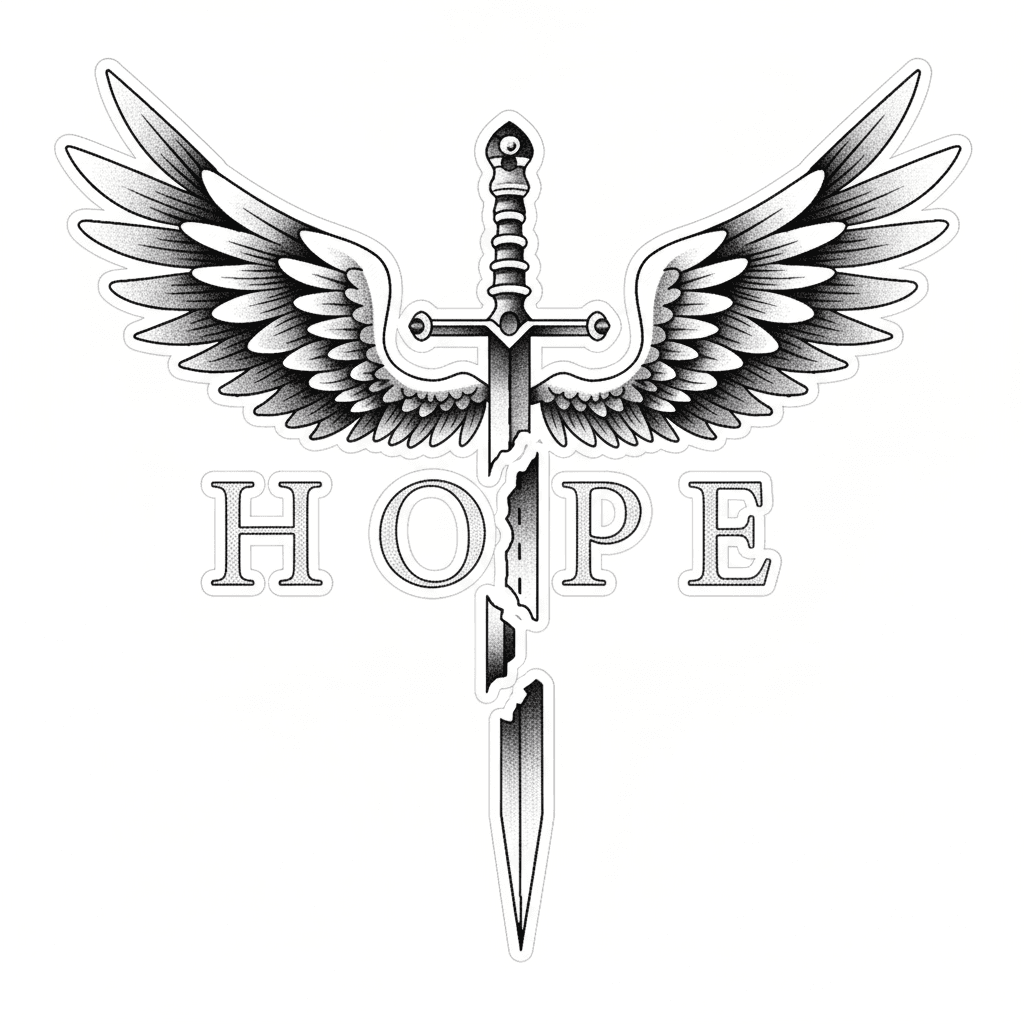Tattoo design of a winged broken sword bisecting the word HOPE with stippled blackwork shading.