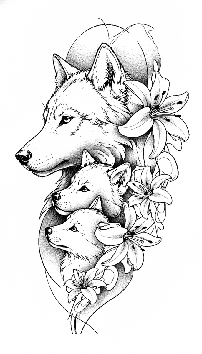A tattoo design of an adult wolf and two pups framed by blooming lilies with detailed dotwork stippling.