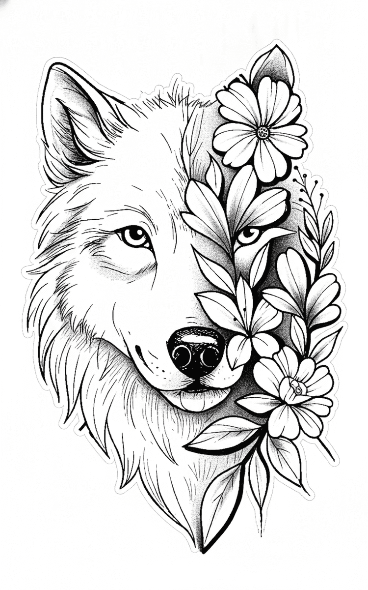Tattoo design of a wolf face framed by blooming flowers and leaves with detailed stippling.