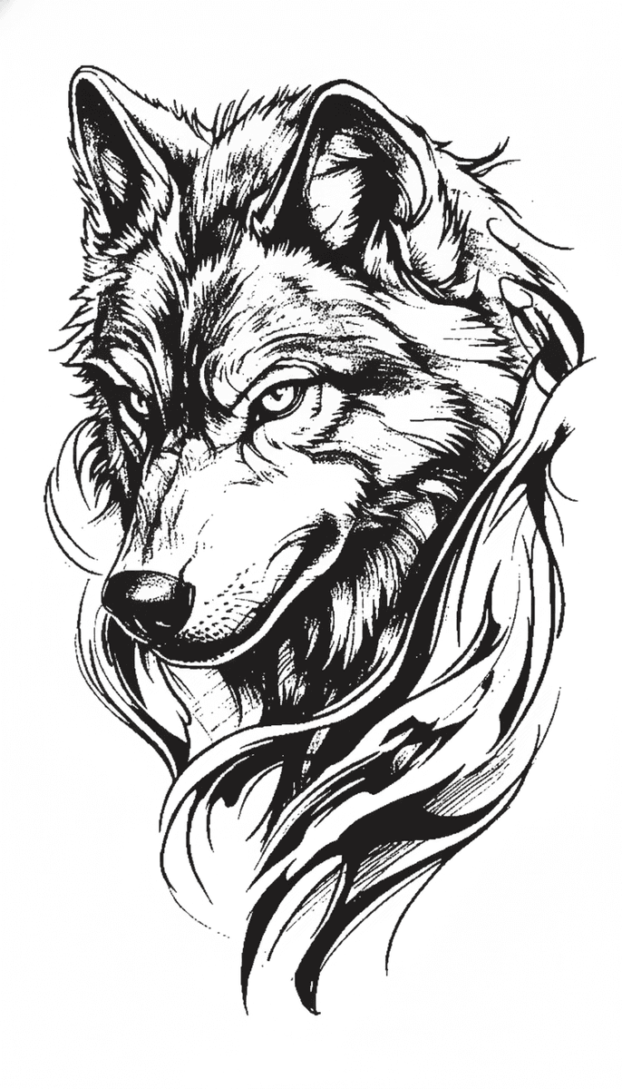 A tattoo design of a wolf head dissolving into flowing black strands with detailed stippled shading.
