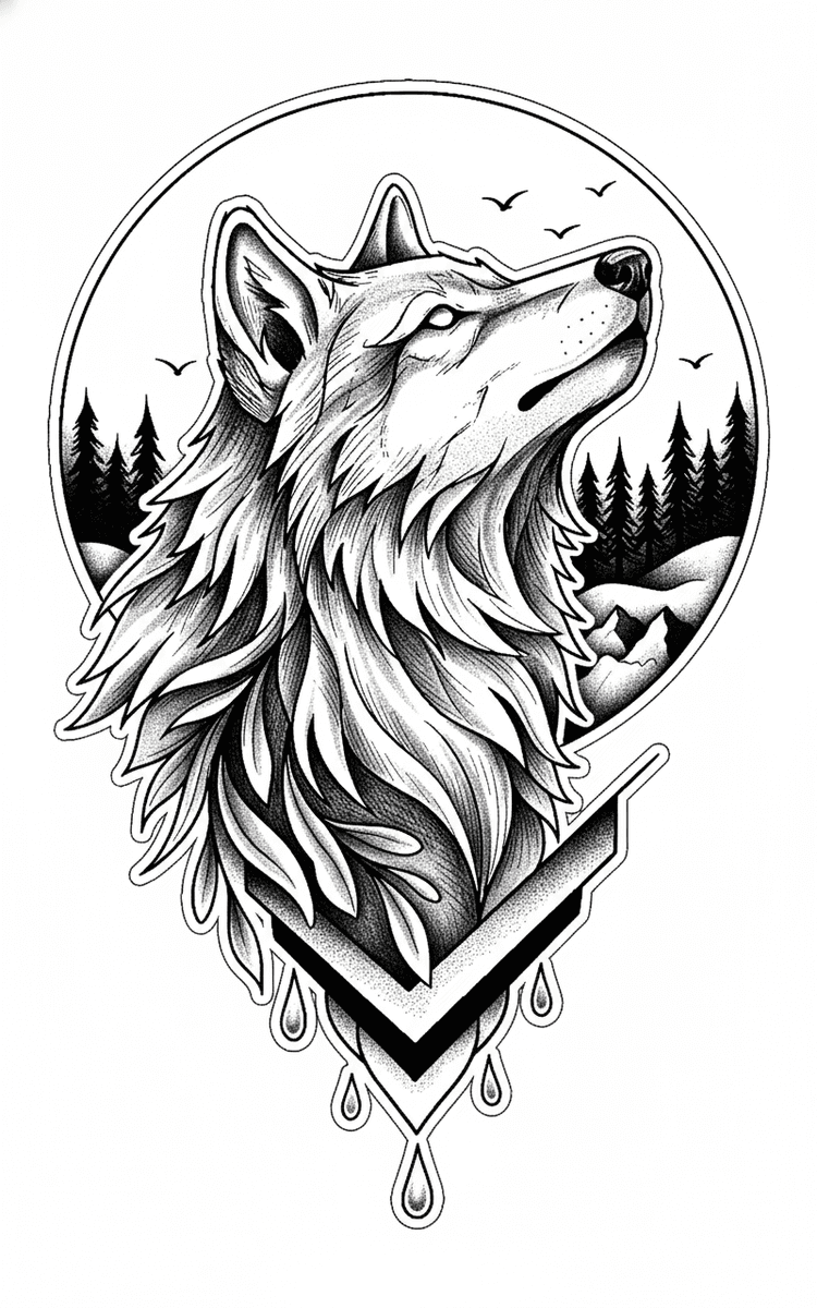 Tattoo design of an upward-looking wolf head framed by a circular pine forest and geometric accents.