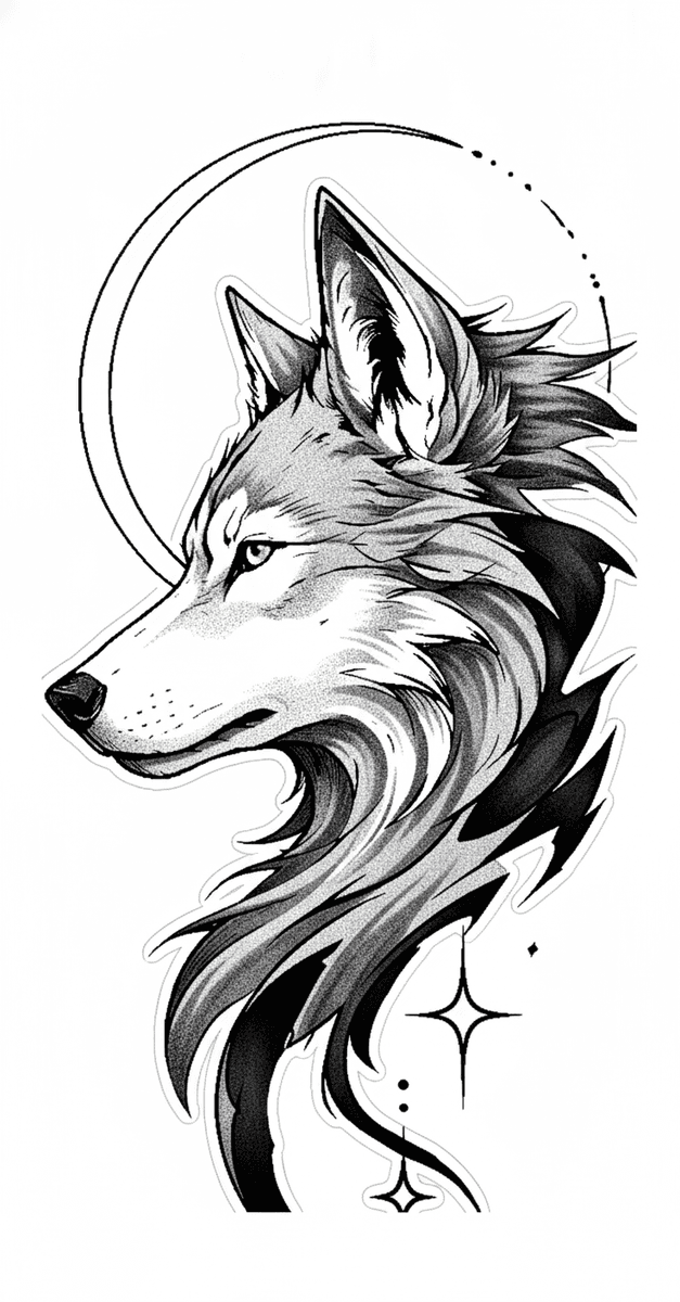 Tattoo design of a wolf head in profile framed by a crescent moon and starbursts with stipple shading.